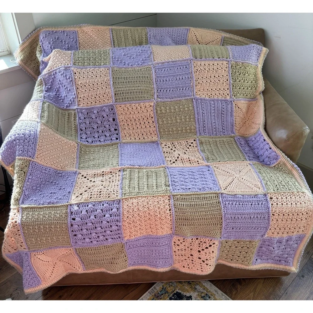 Granny Square Hand Crochet Blanket 60x70 Gorgeous Soft Yarn Pink Lavender Tan